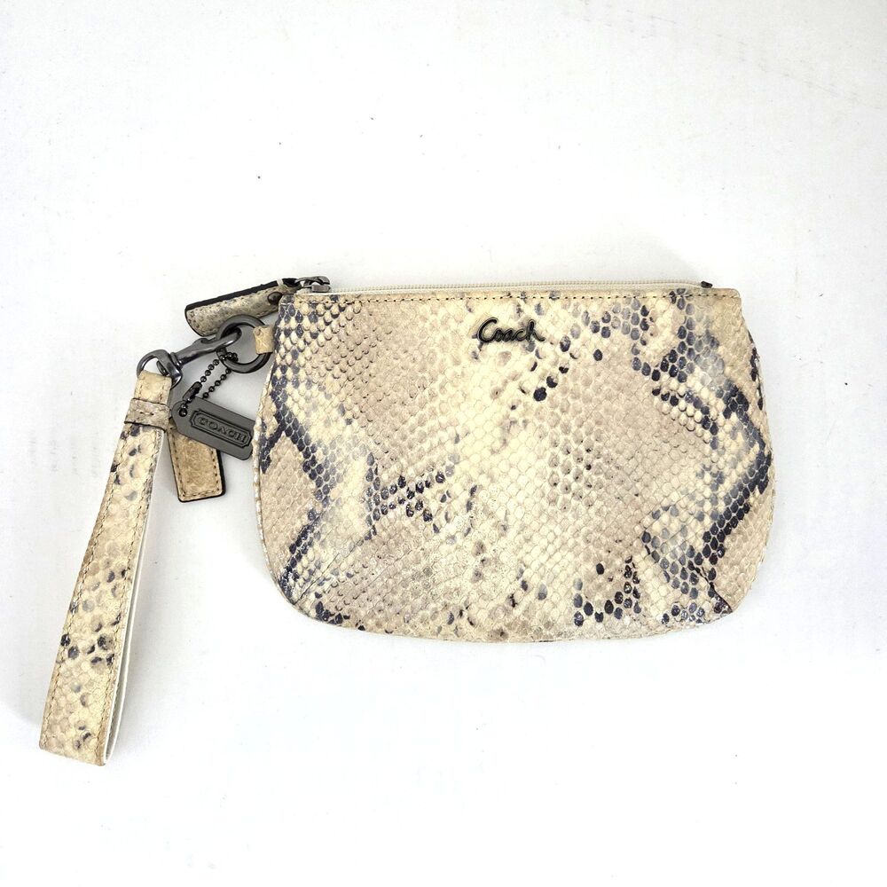 Coach Kristin Python Embossed Leather Wristlet Clutch Cream Black 45126